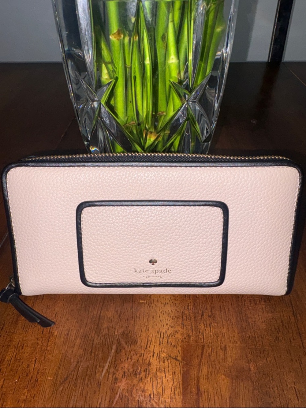 Kate Spade pebble leather blush pink zip-around wallet with black trim. NWOT. - Picture 2 of 12